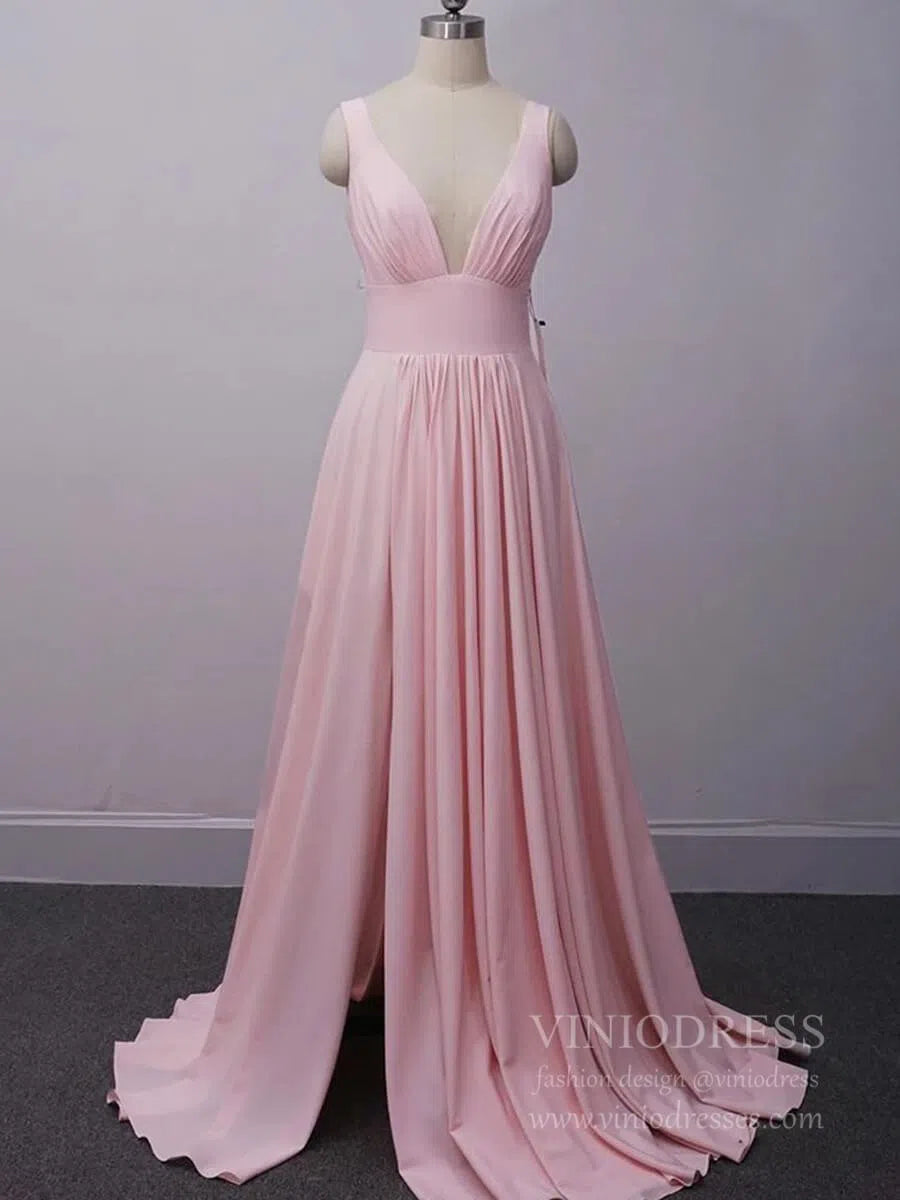 V Neck A-line Light Blue Long Bridesmaid Dresses with Slit VB1027-bridesmaid dresses 2025 -Viniodress-Pink-Custom Size-