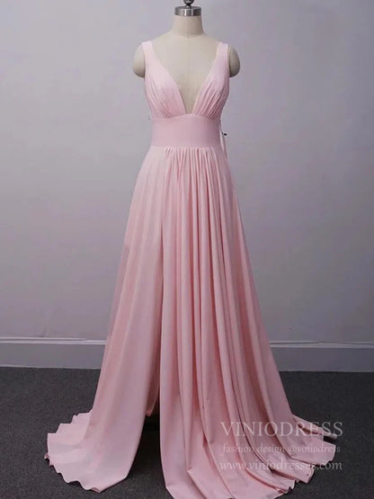 V Neck A-line Light Blue Long Bridesmaid Dresses with Slit VB1027-bridesmaid dresses 2025 -Viniodress-Pink-Custom Size-