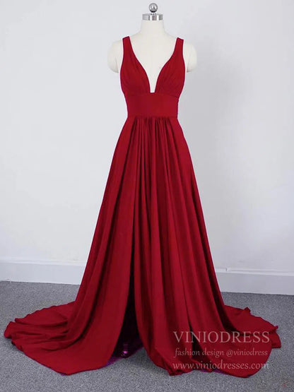 V Neck A-line Light Blue Long Bridesmaid Dresses with Slit VB1027-bridesmaid dresses 2025 -Viniodress-Red-Custom Size-