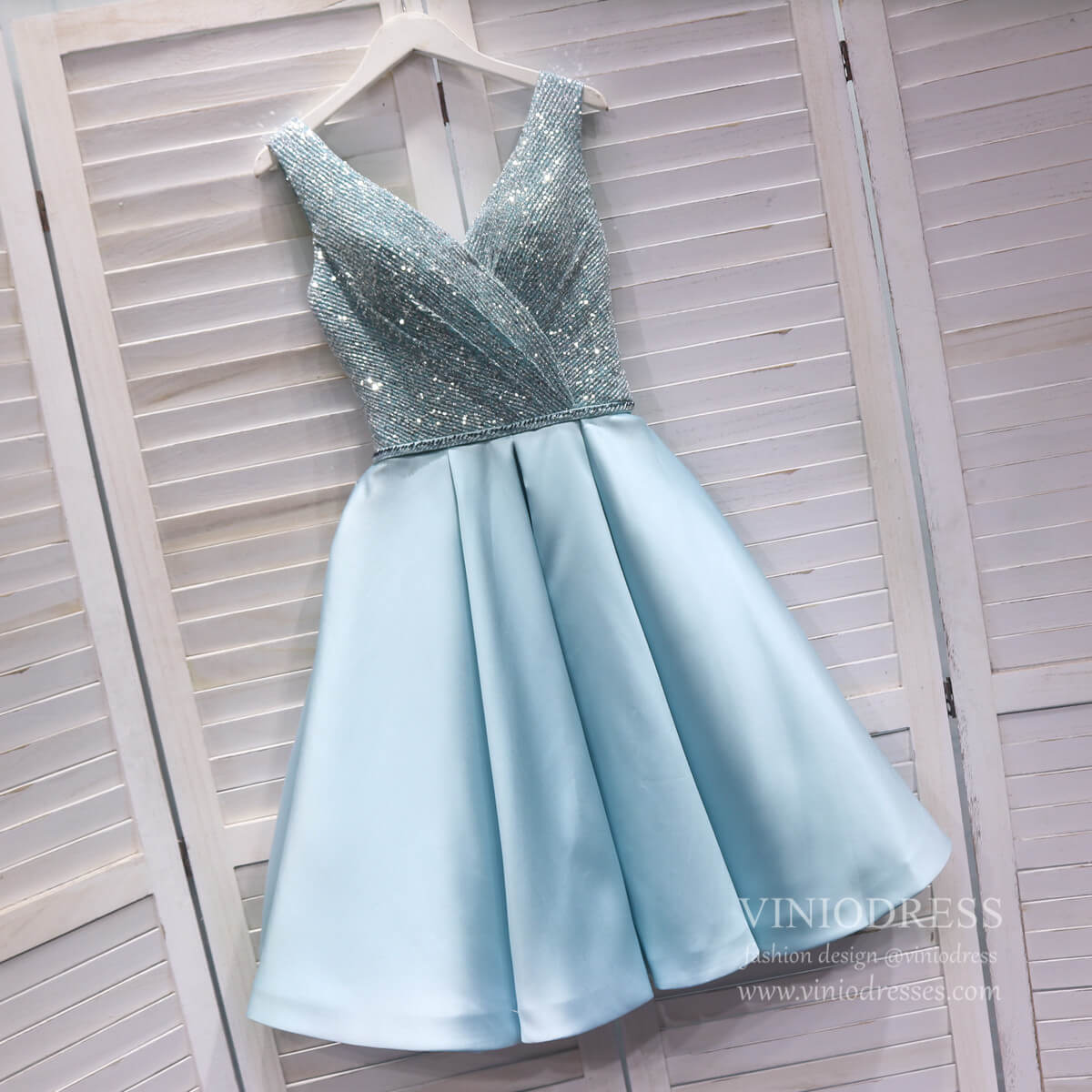 V-neck Baby Blue Homecoming Dresses with Pockets SD1400-Homecoming Dresses 2025 -Viniodress-Light Blue-Custom Size-