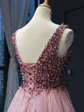 V Neck Beaded Long Prom Dresses Pink Tulle Formal Dress FD1248-prom dresses-Viniodress-Viniodress