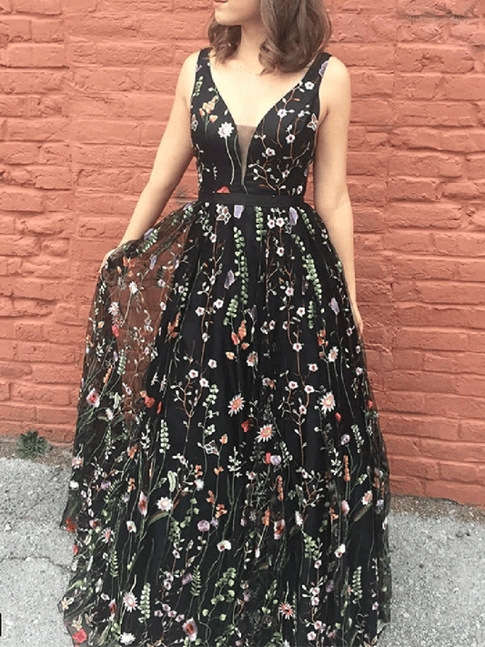 V Neck Black Floral Prom Dresses Long A Line Formal Dress FD1612-prom dresses 2025 -Viniodress-Black-Custom Size-