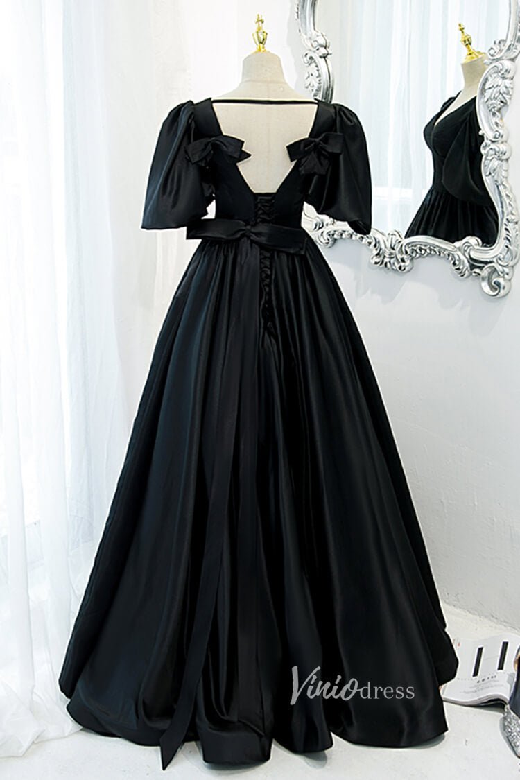 V-neck Black Long Prom Dress with Bow in Back Puff Sleeve Formal Dresses-prom dresses 2025 -Viniodress-Black-Custom Size-