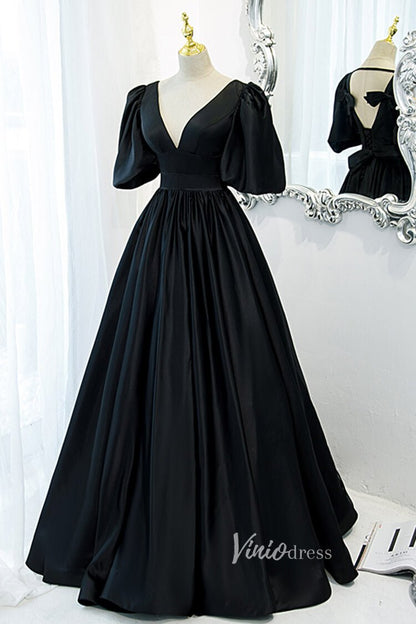 V-neck Black Long Prom Dress with Bow in Back Puff Sleeve Formal Dresses-prom dresses 2025 -Viniodress-Black-Custom Size-