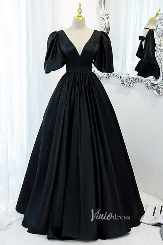 V-neck Black Long Prom Dress with Bow in Back Puff Sleeve Formal Dresses-prom dresses 2025 -Viniodress-Black-Custom Size-