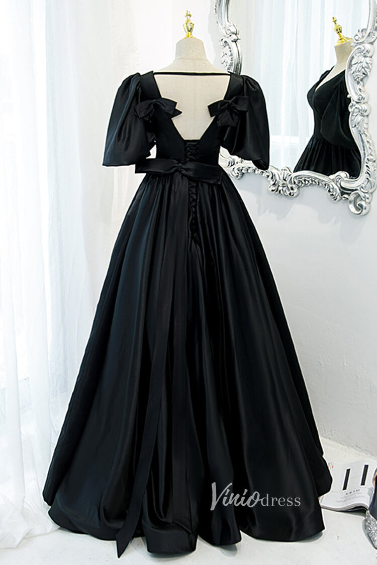 Prom Dress 2025 V-neck Black Long Prom Dress with Bow in Back Puff Sleeve Formal Dresses-unique prom dresses-Black-Custom Size-Viniodress