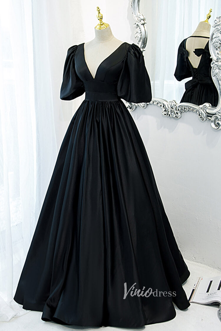 Prom Dress 2025 V-neck Black Long Prom Dress with Bow in Back Puff Sleeve Formal Dresses-unique prom dresses-Black-Custom Size-Viniodress