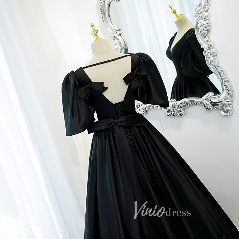 Prom Dress 2025 V-neck Black Long Prom Dress with Bow in Back Puff Sleeve Formal Dresses-unique prom dresses-Black-Custom Size-Viniodress