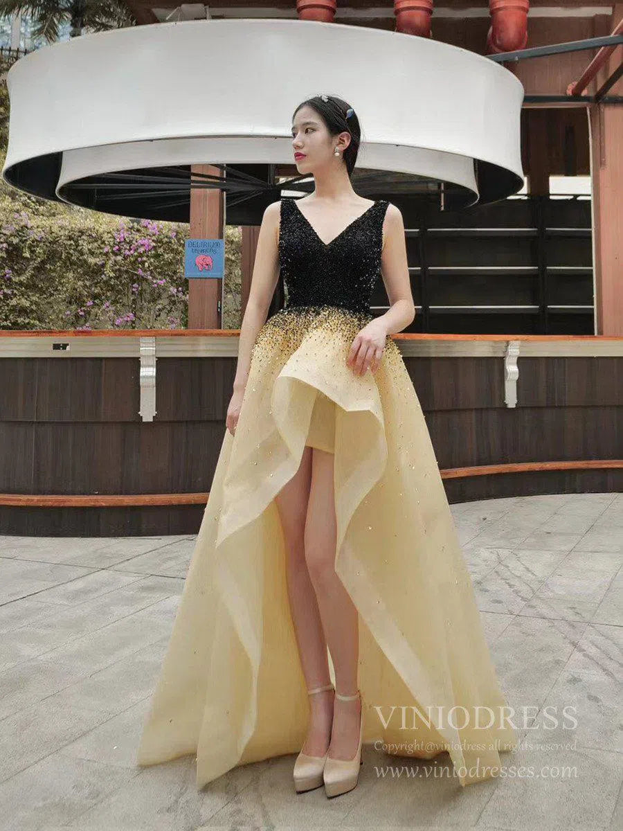 Prom Dress 2025 V-neck Black Prom Dresses High Low Champagne Prom Gown FD2434-unique prom dresses-As Picture-Custom Size-Viniodress