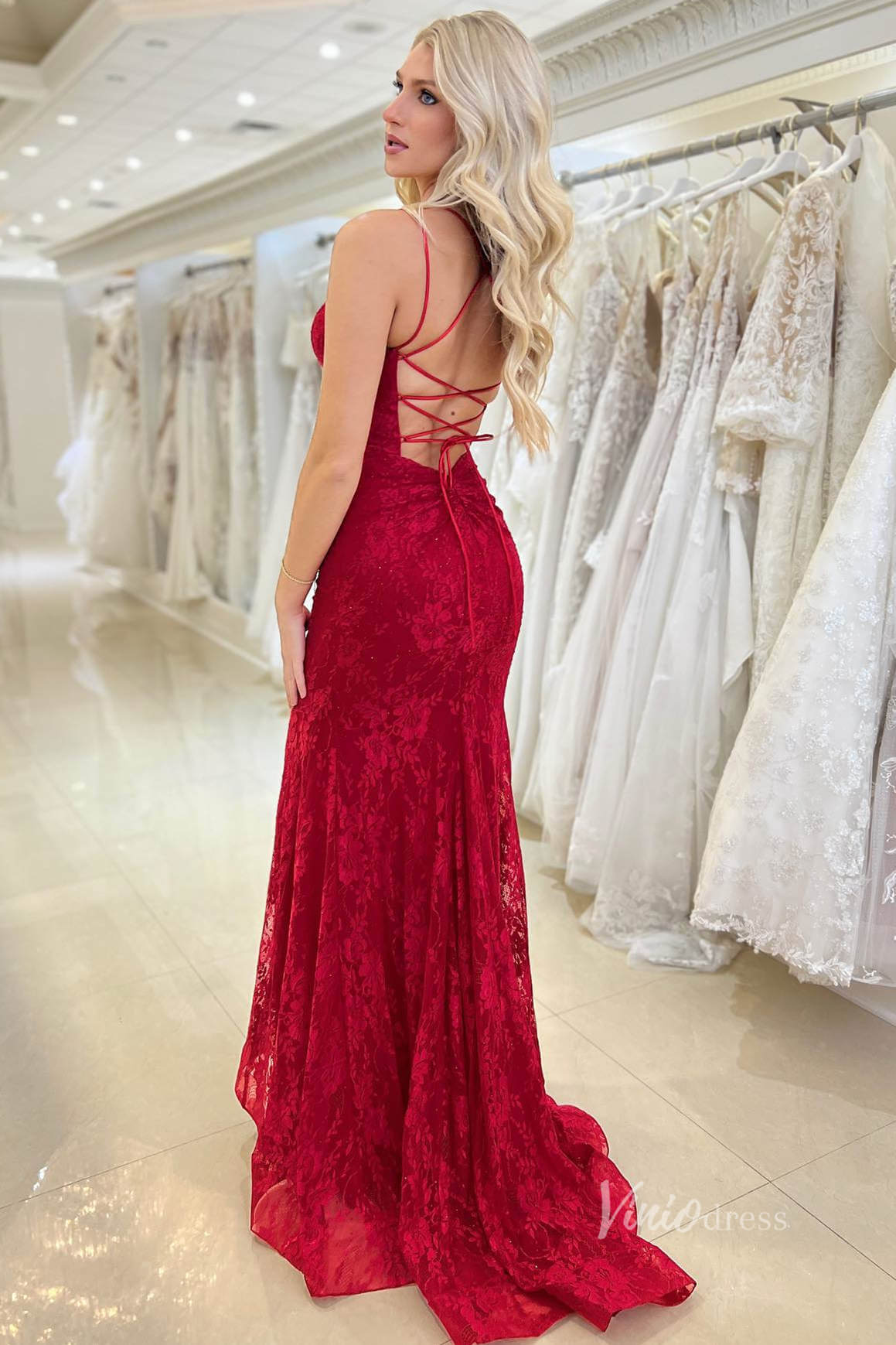 V-Neck Crisscross Strap Red Mermaid Lace Prom Dresses Long FD2136-prom dresses 2025 -Viniodress-Red-Custom Size-