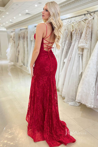 V-Neck Crisscross Strap Red Mermaid Lace Prom Dresses Long FD2136-prom dresses 2025 -Viniodress-Red-Custom Size-