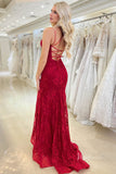 V-Neck Crisscross Strap Red Mermaid Lace Prom Dresses Long FD2136-prom dresses-Viniodress-Viniodress