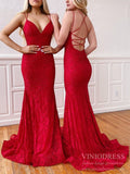 V-Neck Crisscross Strap Red Mermaid Lace Prom Dresses Long FD2136-prom dresses-Viniodress-Viniodress