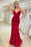 V-Neck Crisscross Strap Red Mermaid Lace Prom Dresses Long FD2136