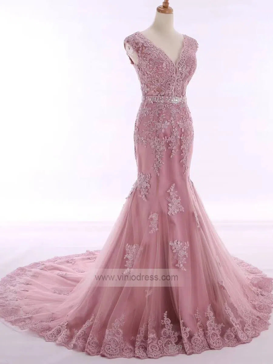 V Neck Dusty Rose Mermaid Lace Prom Dresses with Train FD1152-prom dresses-Viniodress-Viniodress