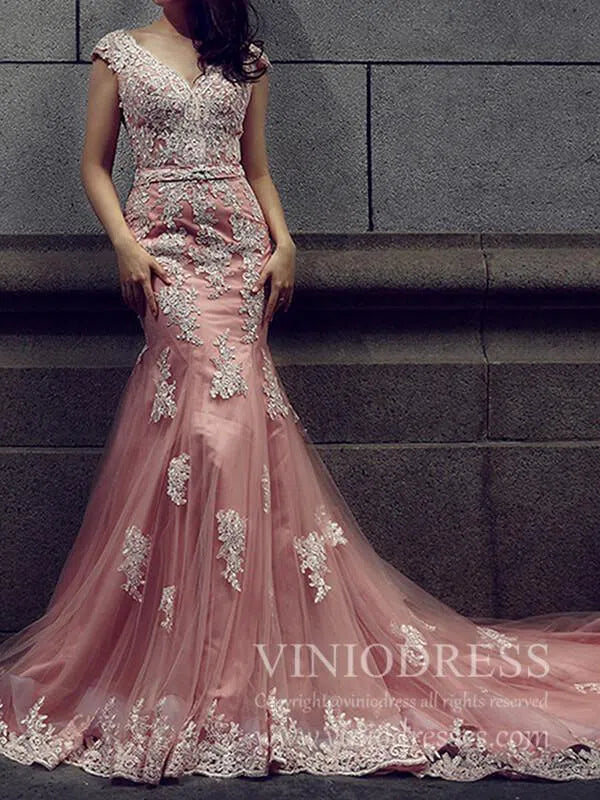 V Neck Dusty Rose Mermaid Lace Prom Dresses with Train FD1152-prom dresses-Viniodress-Viniodress