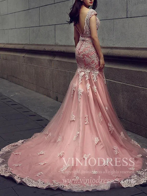 V Neck Dusty Rose Mermaid Lace Prom Dresses with Train FD1152-prom dresses-Viniodress-Viniodress