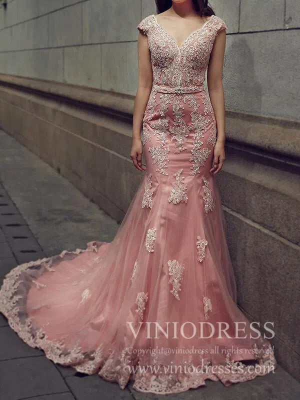 V Neck Dusty Rose Mermaid Lace Prom Dresses with Train FD1152-prom dresses-Viniodress-Viniodress