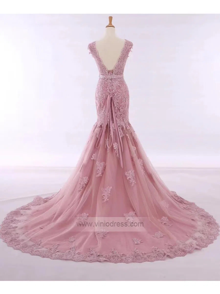 Prom Dress 2025 V Neck Dusty Rose Mermaid Lace Prom Dresses with Train FD1152-unique prom dresses-Dusty Rose-US 2-Viniodress