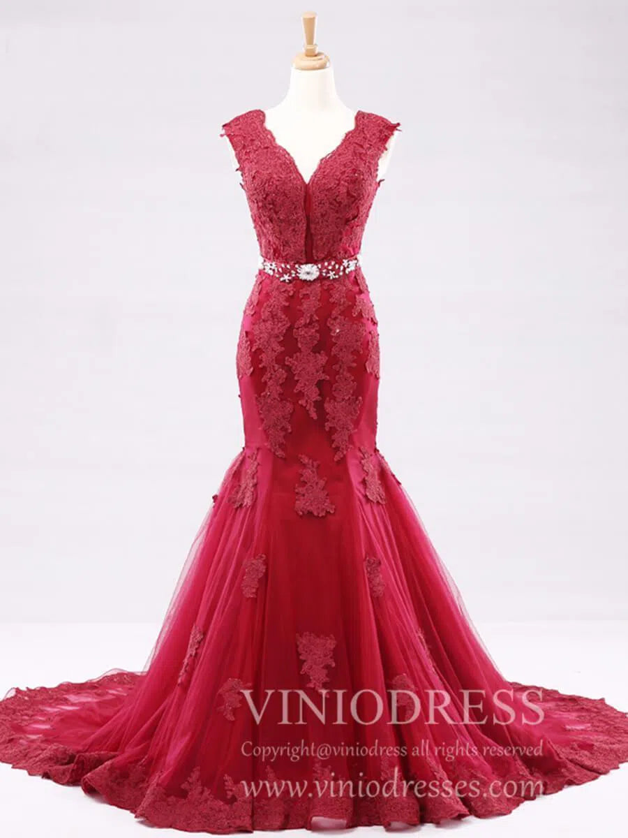 Prom Dress 2025 V Neck Dusty Rose Mermaid Lace Prom Dresses with Train FD1152-unique prom dresses-Red-US 2-Viniodress