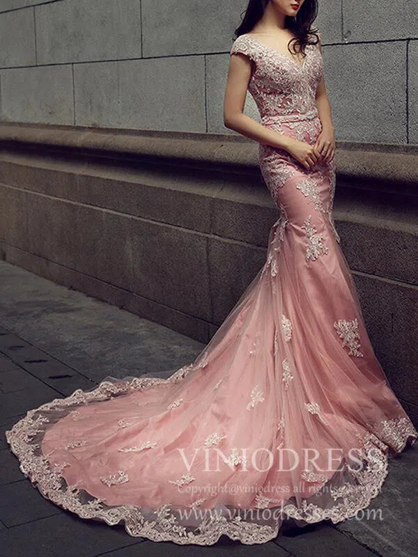 Prom Dress 2025 V Neck Dusty Rose Mermaid Lace Prom Dresses with Train FD1152-unique prom dresses-Dusty Rose-US 2-Viniodress