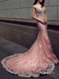 V Neck Dusty Rose Mermaid Lace Prom Dresses with Train FD1152-prom dresses-Viniodress-Viniodress