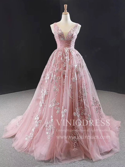 V Neck Dusty Rose Prom Dresses Beaded Lace Ball Gowns FD1769-prom dresses 2025 -Viniodress-As Picture-Custom Size-