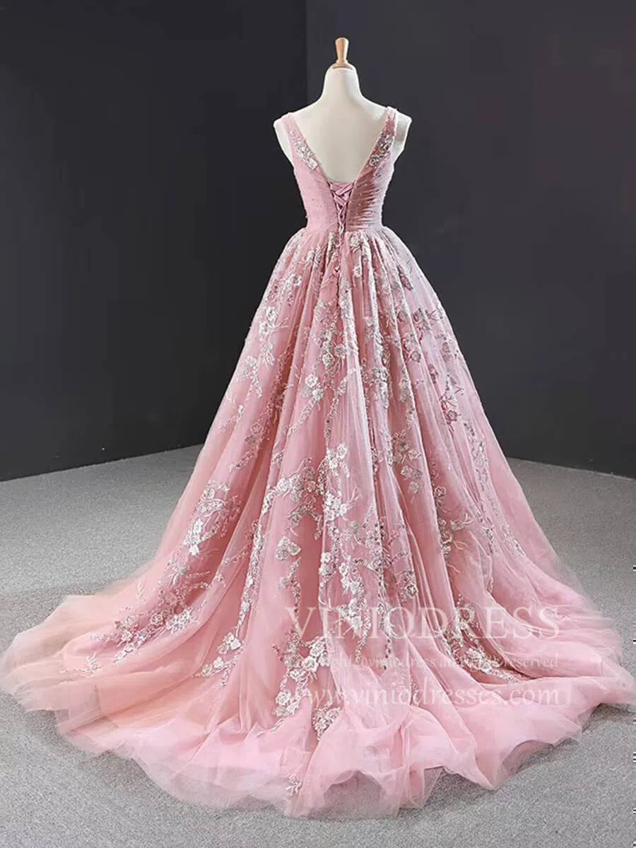 Prom Dress 2025 V Neck Dusty Rose Prom Dresses Beaded Lace Ball Gowns FD1769-unique prom dresses-As Picture-Custom Size-Viniodress