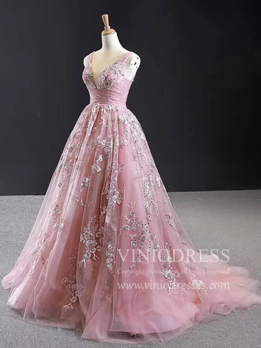 Prom Dress 2025 V Neck Dusty Rose Prom Dresses Beaded Lace Ball Gowns FD1769-unique prom dresses-As Picture-Custom Size-Viniodress