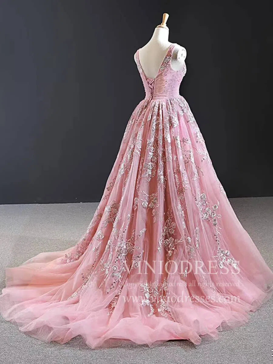 Prom Dress 2025 V Neck Dusty Rose Prom Dresses Beaded Lace Ball Gowns FD1769-unique prom dresses-As Picture-Custom Size-Viniodress