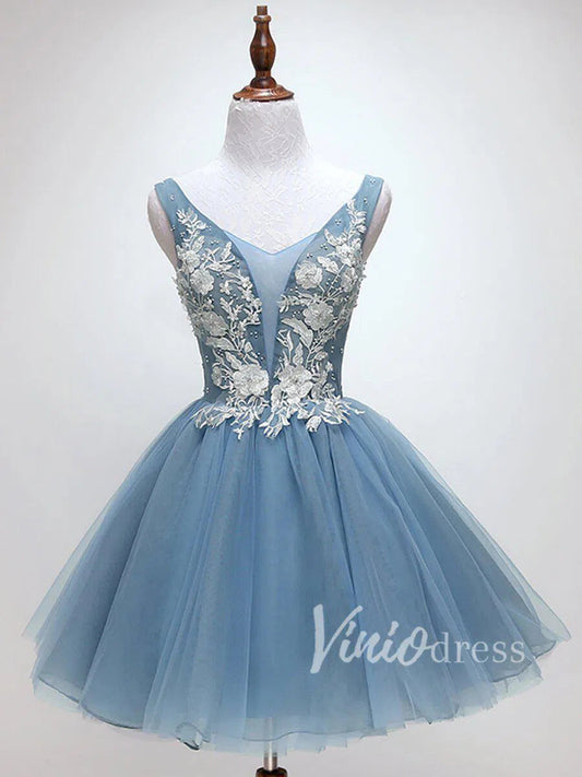 V Neck Floral Slate Blue Homecoming Dresses 2019 SD1165-Homecoming Dresses 2025 -Viniodress-Slate Blue-Custom Size-