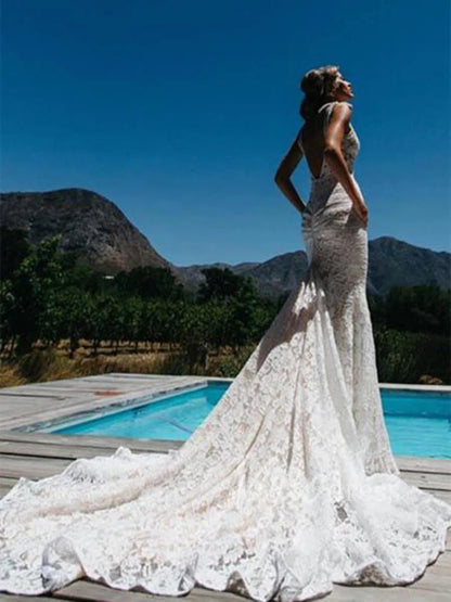 V-neck Mermaid Lace Wedding Dresses with Pockets Chapel Train VW1251-wedding dresses 2025 -Viniodress-Beige-Custom Size-