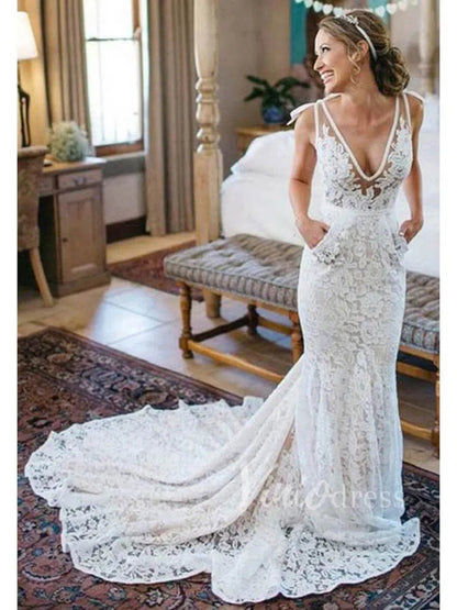 V-neck Mermaid Lace Wedding Dresses with Pockets Chapel Train VW1251-wedding dresses 2025 -Viniodress-Beige-Custom Size-