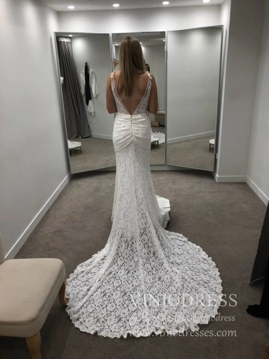 V Neck Mermaid Lace Wedding Dresses with Pockets VW1226-wedding dresses 2025 -Viniodress-Ivory-Custom Size-