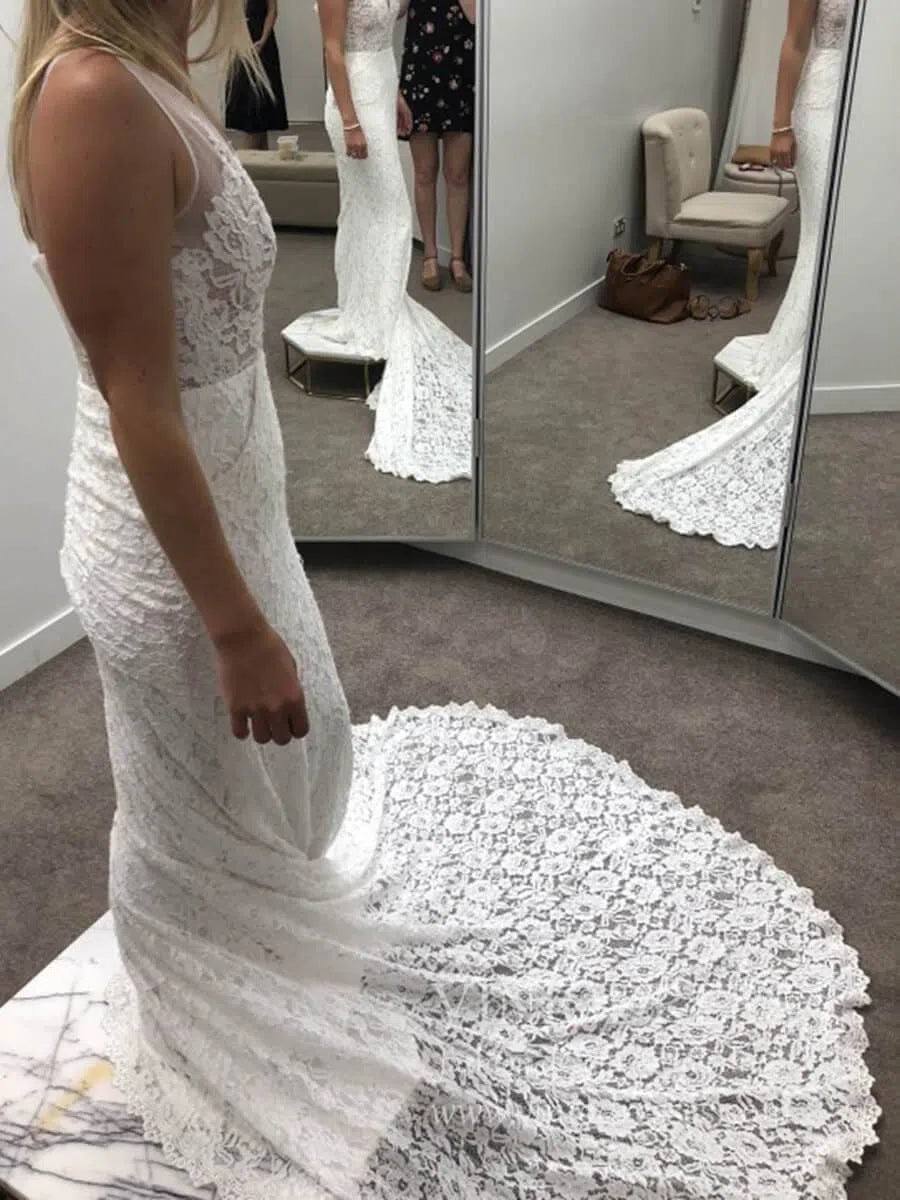 V Neck Mermaid Lace Wedding Dresses with Pockets VW1226-wedding dresses 2025 -Viniodress-Ivory-Custom Size-