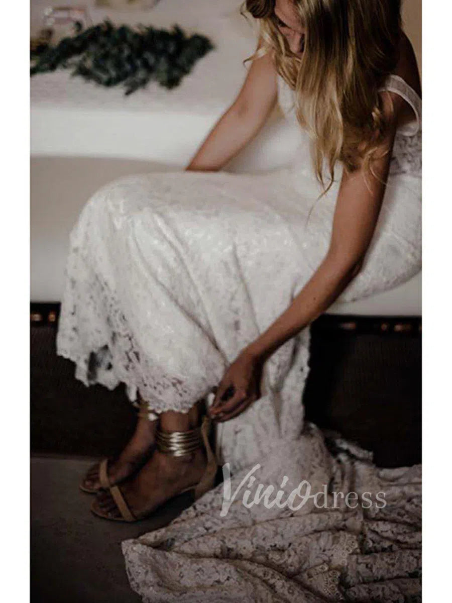 V Neck Mermaid Lace Wedding Dresses with Pockets VW1226-wedding dresses 2025 -Viniodress-Ivory-Custom Size-