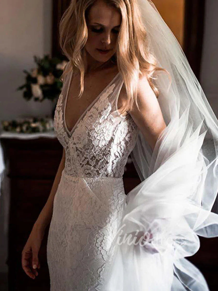 V Neck Mermaid Lace Wedding Dresses with Pockets VW1226-wedding dresses 2025 -Viniodress-Ivory-Custom Size-