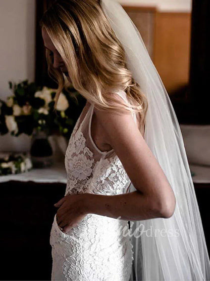 V Neck Mermaid Lace Wedding Dresses with Pockets VW1226-wedding dresses 2025 -Viniodress-Ivory-Custom Size-
