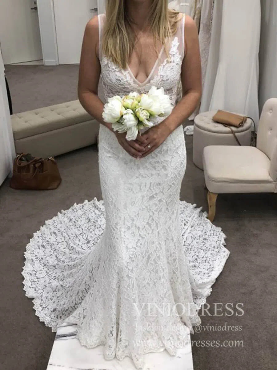 V Neck Mermaid Lace Wedding Dresses with Pockets VW1226-wedding dresses 2025 -Viniodress-Ivory-Custom Size-