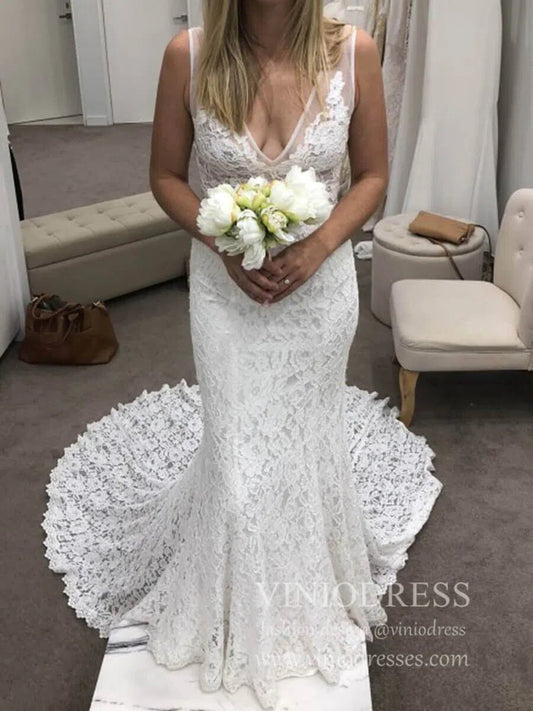 V Neck Mermaid Lace Wedding Dresses with Pockets VW1226-wedding dresses 2025 -Viniodress-Ivory-Custom Size-