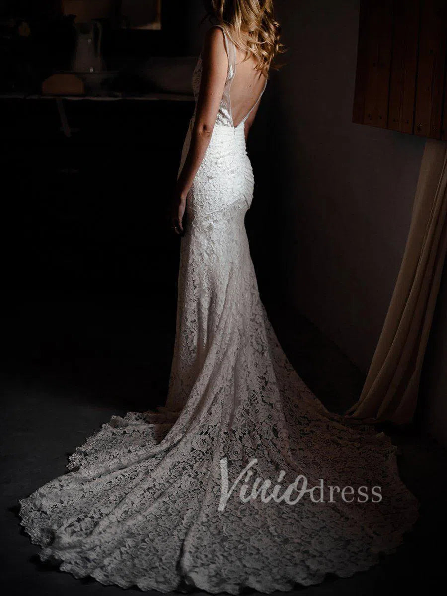 V Neck Mermaid Lace Wedding Dresses with Pockets VW1226-wedding dresses-Viniodress-Viniodress