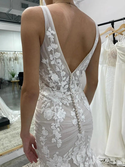 V-Neck Mermaid Wedding Dress with Floral Lace Appliqué & Dramatic Train – VW2525-wedding dresses 2025 -Viniodress-Nude-Custom Size-