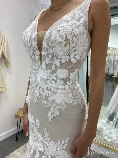 V-Neck Mermaid Wedding Dress with Floral Lace Appliqué & Dramatic Train – VW2525-wedding dresses 2025 -Viniodress-Nude-Custom Size-