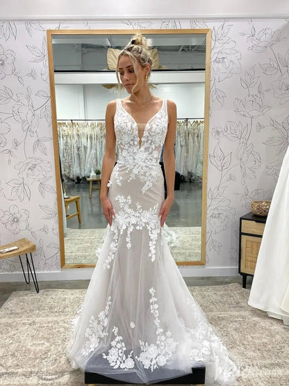 V-Neck Mermaid Wedding Dress with Floral Lace Appliqué & Dramatic Train – VW2525-wedding dresses 2025 -Viniodress-Nude-Custom Size-