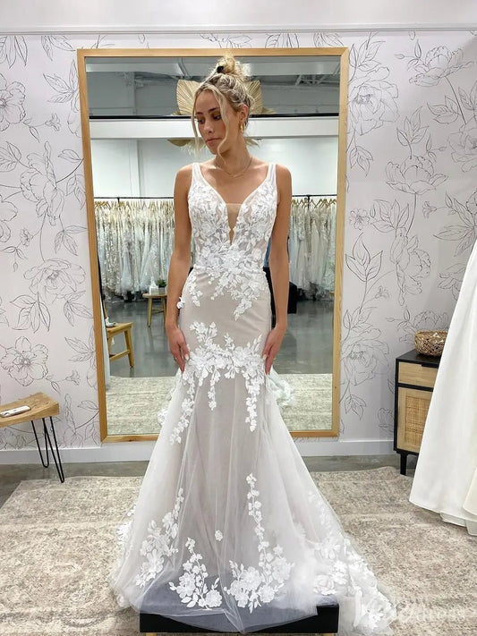 V-Neck Mermaid Wedding Dress with Floral Lace Appliqué & Dramatic Train – VW2525-wedding dresses 2025 -Viniodress-Nude-Custom Size-