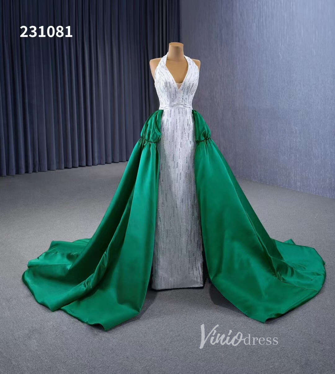 V-neck Mermaid Wedding Dresses with Green Satin Overskirt Train, Removable Sleeves 231081-Quinceanera Dresses 2025 -Viniodress-Green-Custom Size-