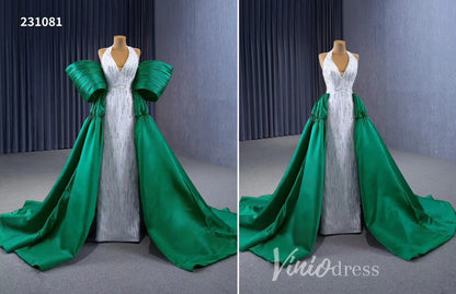 V-neck Mermaid Wedding Dresses with Green Satin Overskirt Train, Removable Sleeves 231081-Quinceanera Dresses 2025 -Viniodress-Green-Custom Size-