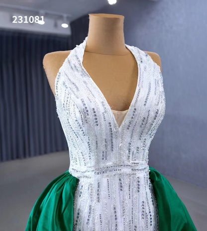 V-neck Mermaid Wedding Dresses with Green Satin Overskirt Train, Removable Sleeves 231081-Quinceanera Dresses 2025 -Viniodress-Green-Custom Size-