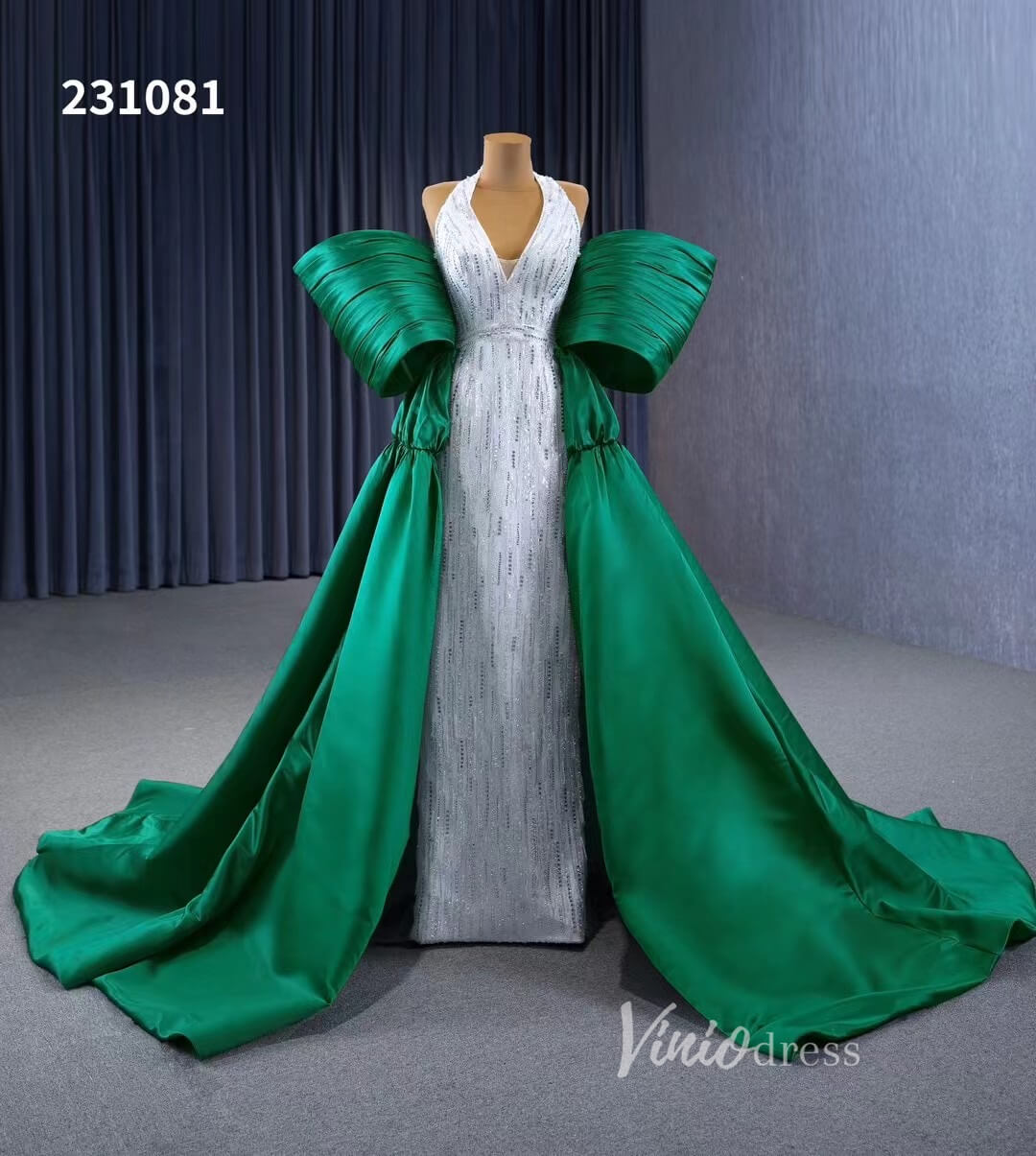 V-neck Mermaid Wedding Dresses with Green Satin Overskirt Train, Removable Sleeves 231081-Quinceanera Dresses 2025 -Viniodress-Green-Custom Size-