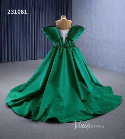 V-neck Mermaid Wedding Dresses with Green Satin Overskirt Train, Removable Sleeves 231081-Quinceanera Dresses 2025 -Viniodress-Green-Custom Size-